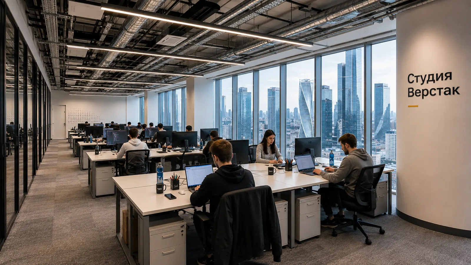 Открытый офис студии: команда за работой у панорамных окон